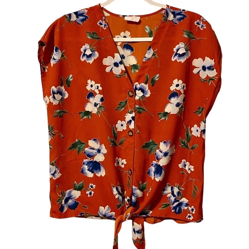 Sienna Sky Orange Floral Short Sleeve Shirt Top Blouse